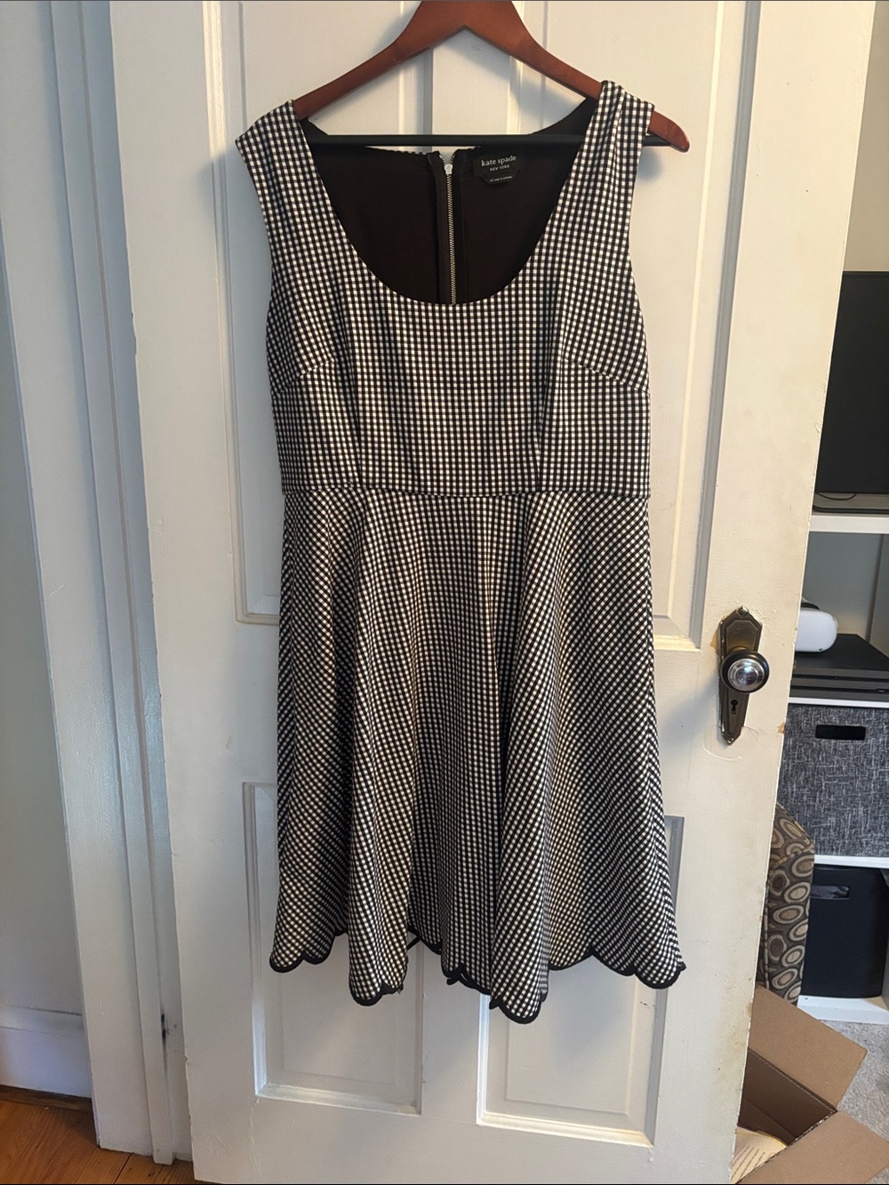 kate spade Black and White Gingham Scoop-Neck Midi Dress